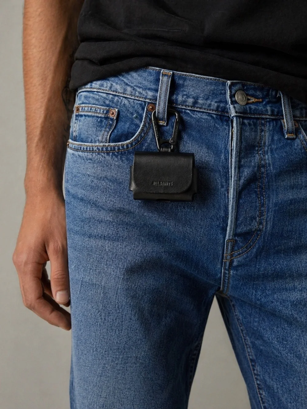 AllSaints Black Leather AirPods Case with Carabiner Clip